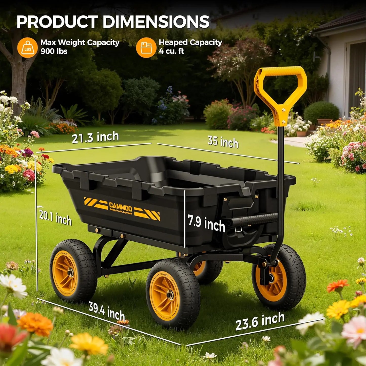 Heavy-Duty Garden Utility Wagon Cart, 10in NO-FLAT Tires, 900lb Expandable Capacity, w/ Quick-Release Dump