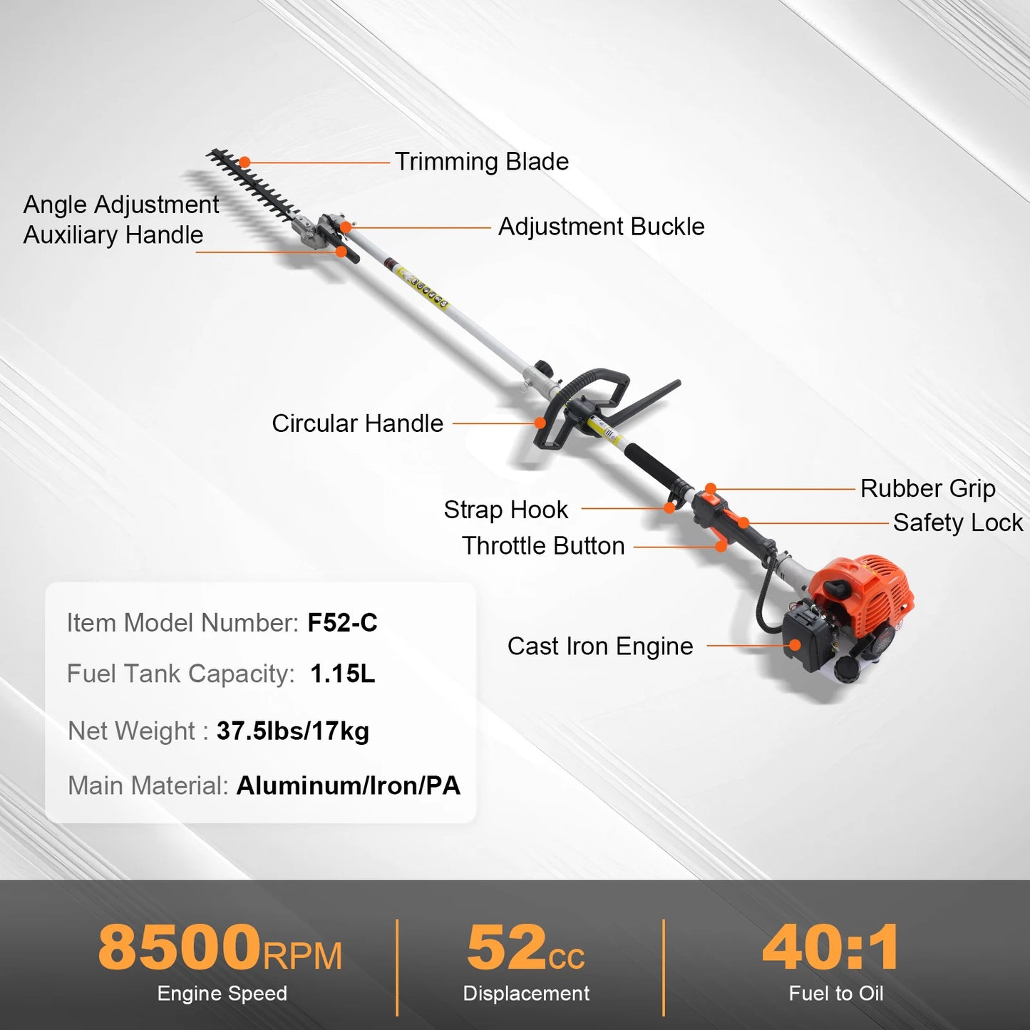 Multi-Functional Trimming Tools, Gas Hedge String Trimmer, Pole Saw, Chainsaw, Pruner w/ Extension Pole