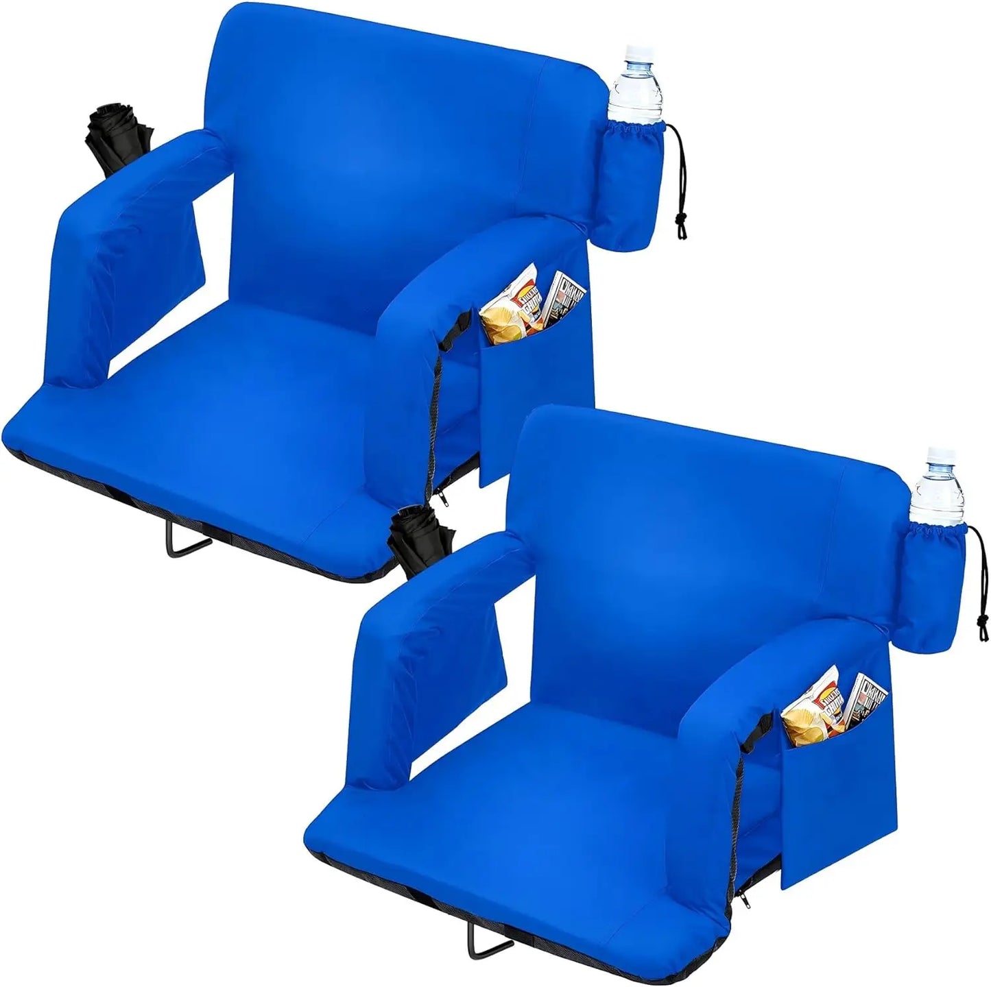 Portable Reclining Stadium Bleacher Seat Chairs, 2 Pcs Set w/ Padded Backrest & Adjustable Armrests