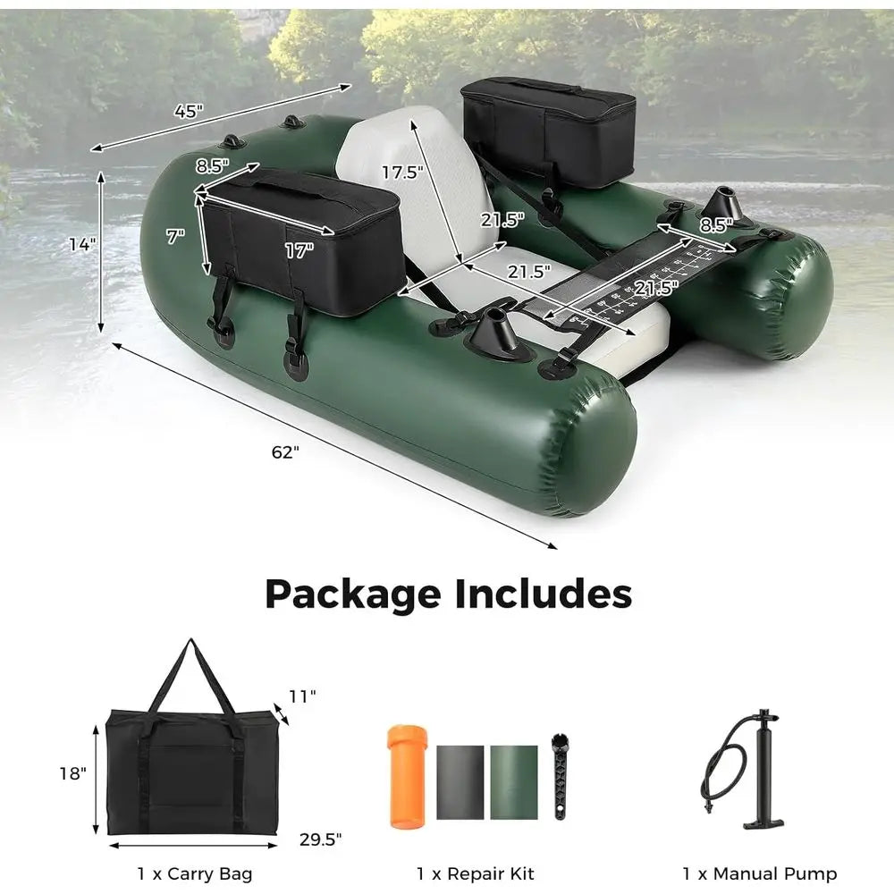 Inflatable Float Tube, Fishing Belly Boat, with 2 Detachable Storage Bags, Pump, Carry Bag