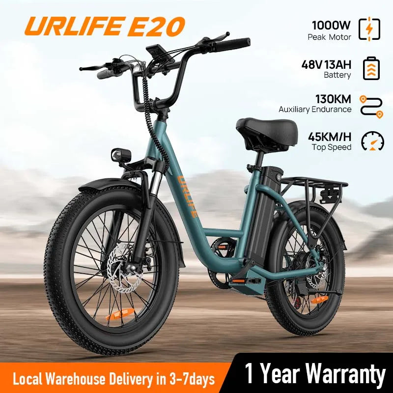 Electric Bike, 1000W, 48V 13Ah, Removable Battery, 20MPH, 20''X3" Fat Tire, 7-Speed, w/ Dual Disc Brake