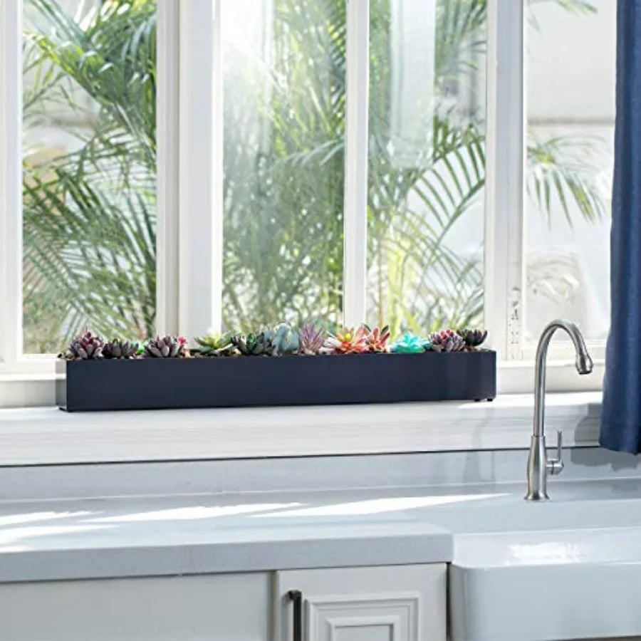 Modern Grey 32" Rectangle Planter Box, Narrow Metal Rectangular Box for Table or Window Sill