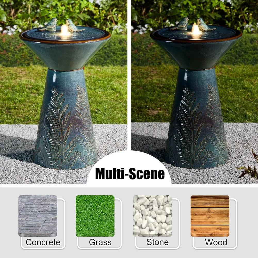 Bird Bath, Water Fountain with LED Light and Pump, Turquoise Ceramic Pedestal