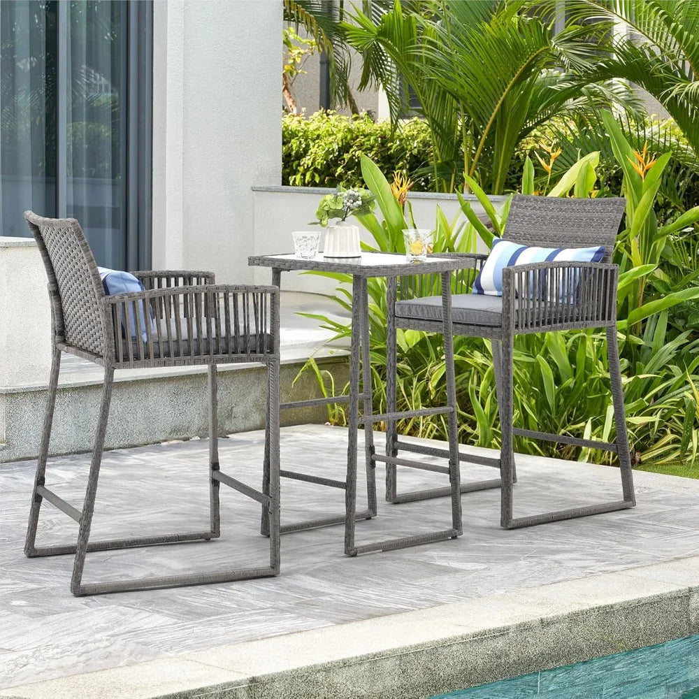 Outdoor Wicker Bar Stool Set w/ Glass Table, 2 Stools & Cushions, Grey Rattan, Steel Frame