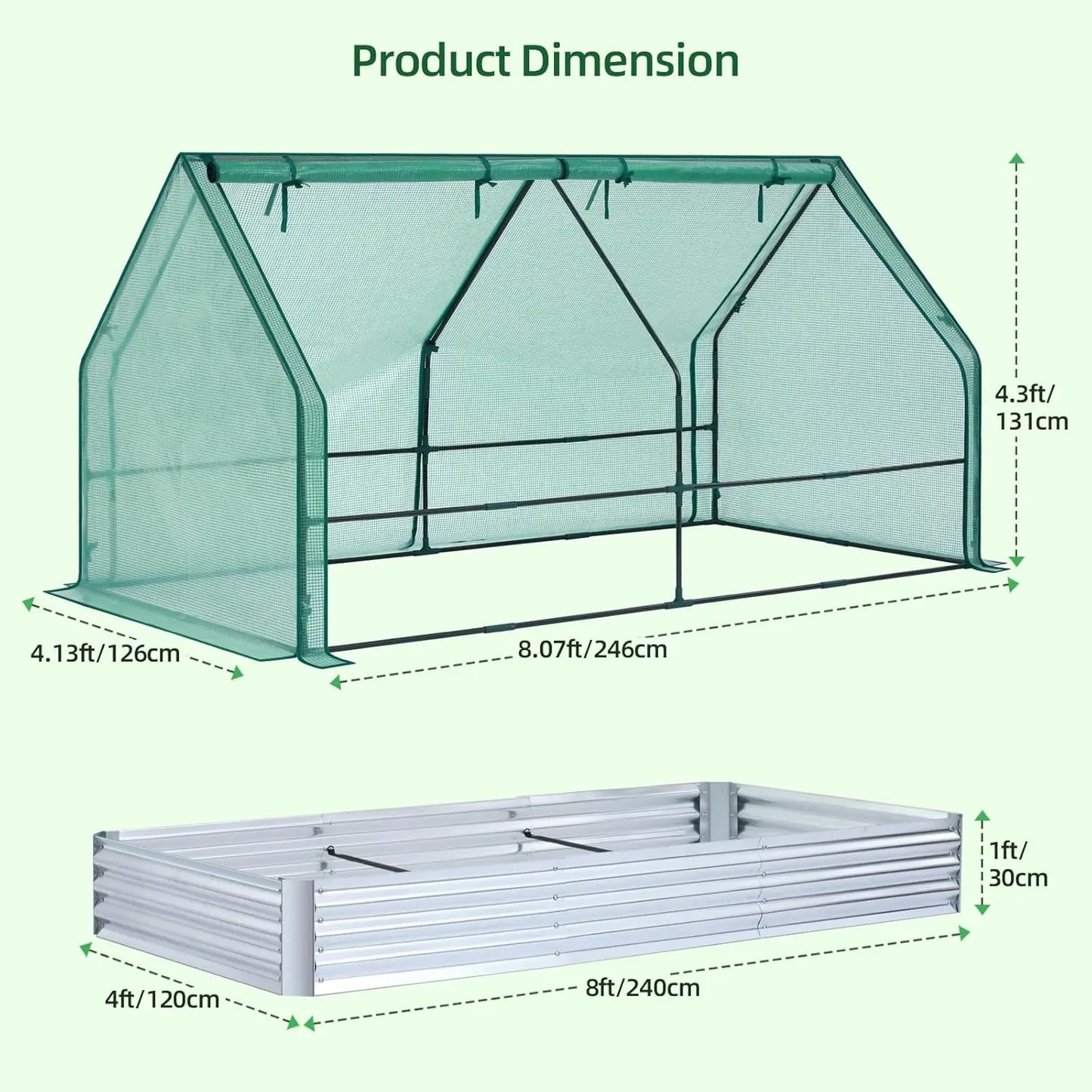 Galvanized Raised 8x4ft Garden Bed w/ Greenhouse Cover, 4 Doors Ventilation, 3-in-1 Planter Box, for Vegetables Flowers, Herbs
