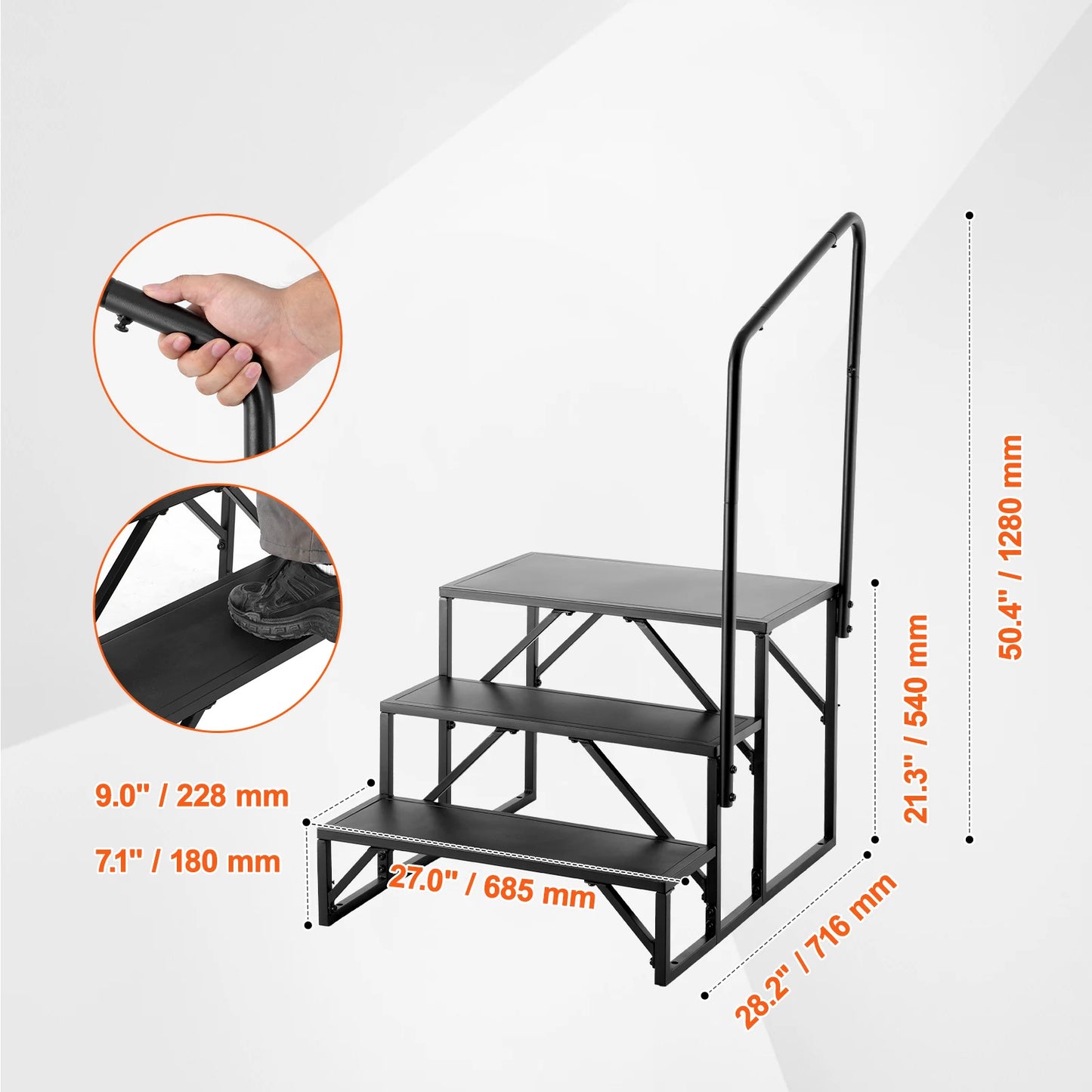 RV Steps, 2,3 or 4-Step Non-Slip Stairs, 440 LBS Load Capacity, Carbon Steel, w/ Handrail