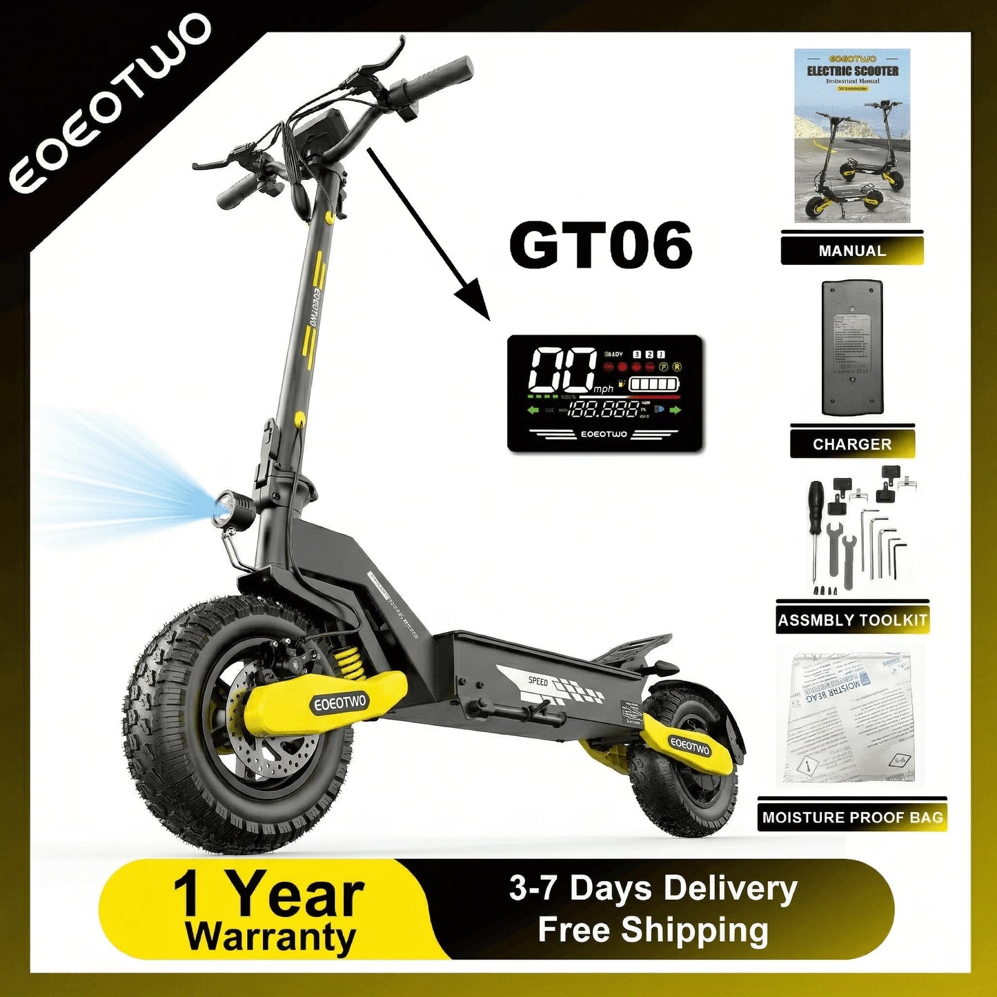 Off Road 1200W Electric Scooter for Adults, 48V Long Range E-Scooter, 30MPH Fast Speed, 11" Tubeless Tire, Foldable, Kick Stand