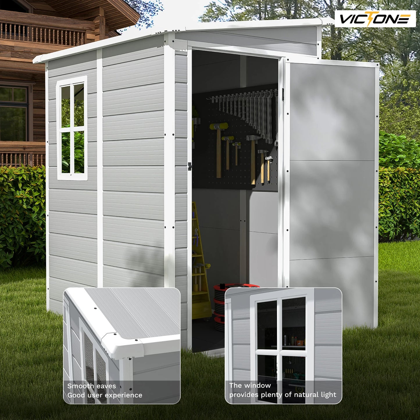 Plastic Outdoor Storage Shed With Floor, 5'x4' Resin Lockable Window and Door