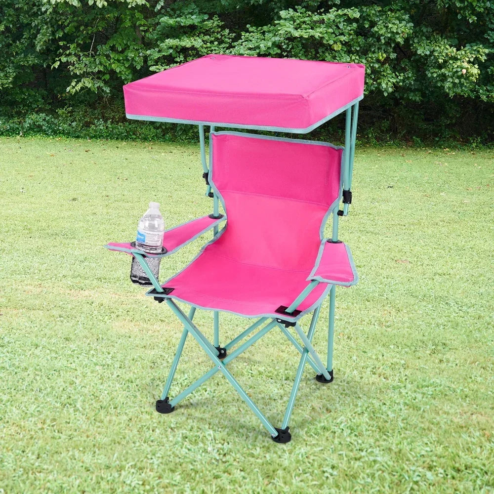 Kids Canopy Camp Chair, Safety Lock, Portable, Adjustable Sunshade, Cup Holder, 125lb Capacity