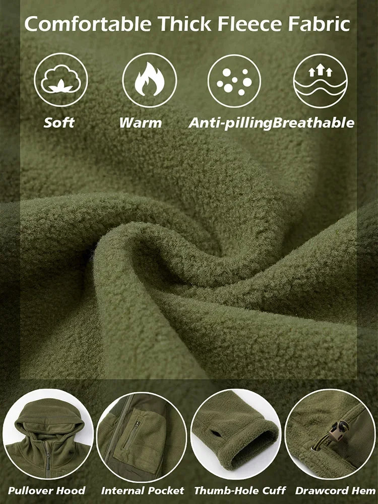 Men's Tactical Hunting Fleece Jacket, Warm, Full Zip Hoodies, Multi-Pockets