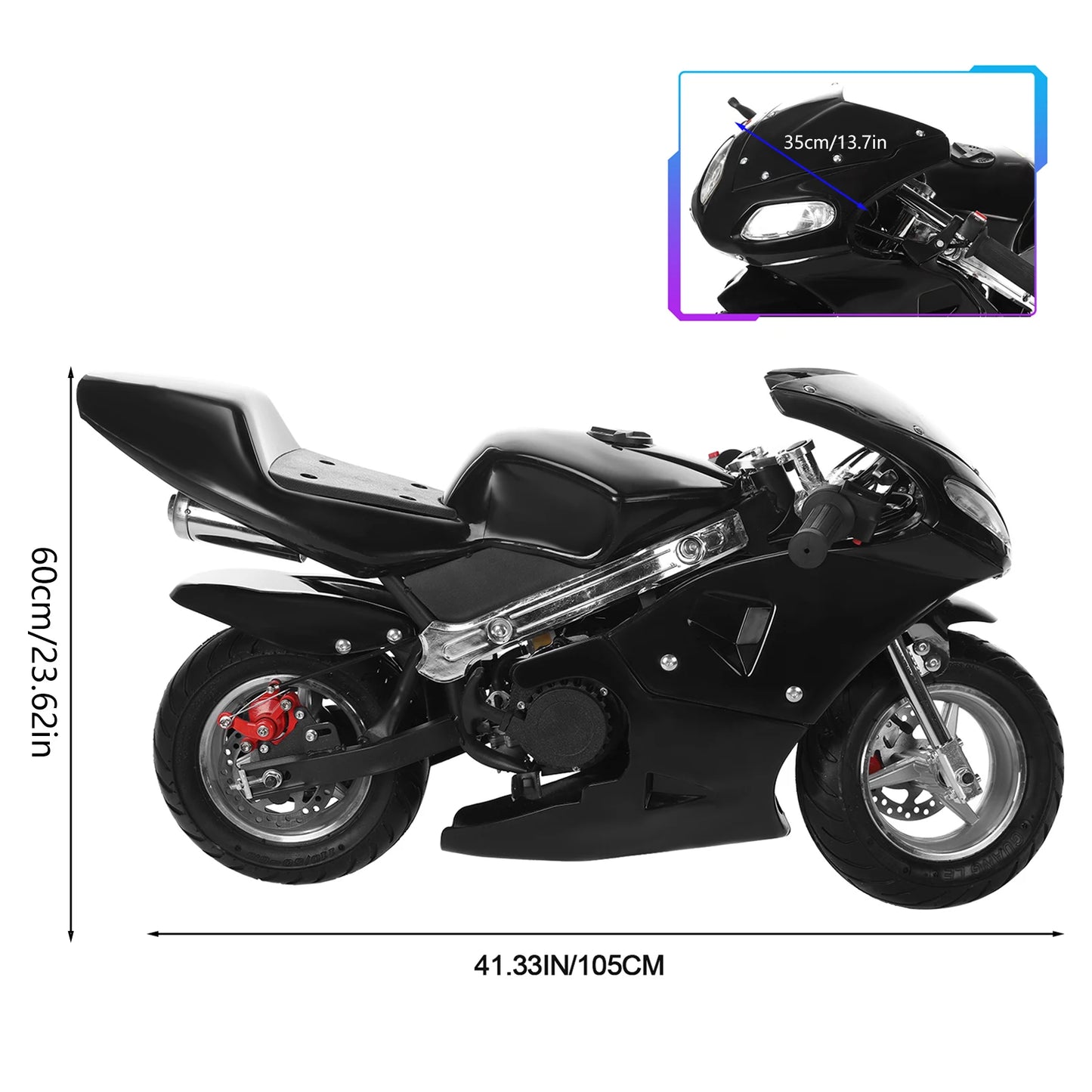 2-Stroke 49cc Pocket Gas Motorbike, High Brightness Dual Headlights, Rubber Handlebar, Mini Motorcycle