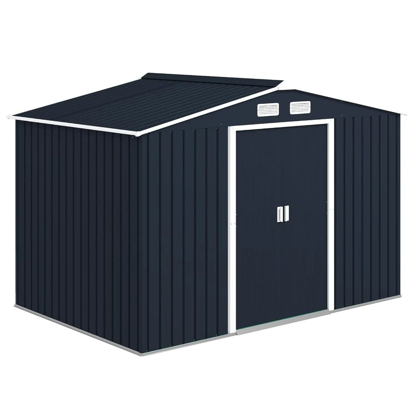 Metal Outdoor Storage 9x6 FT, Tool House Double Lockable Door, Air Vents Sloping Roof Backyard