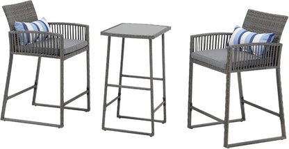 Outdoor Wicker Bar Stool Set w/ Glass Table, 2 Stools & Cushions, Grey Rattan, Steel Frame