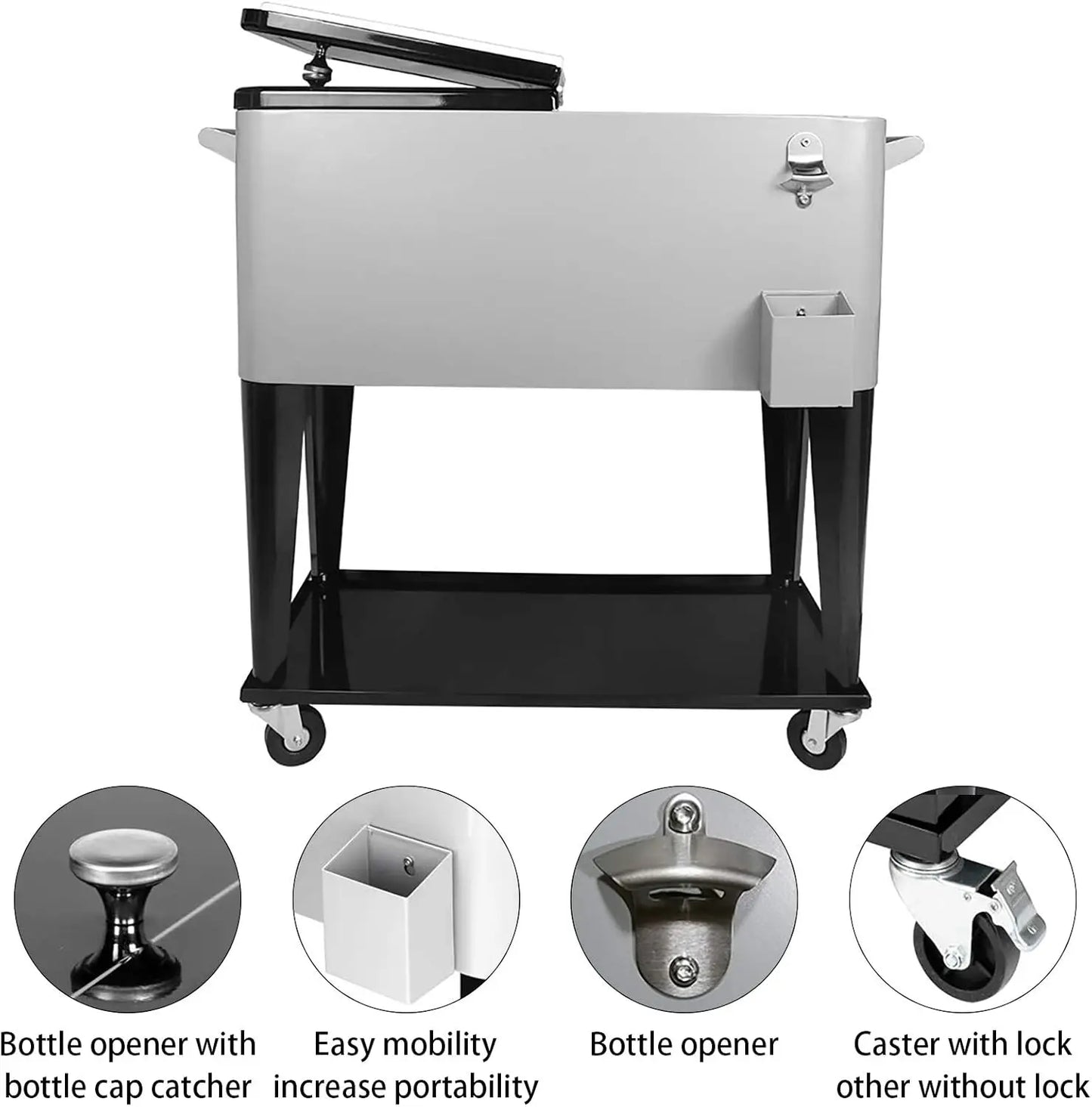 Rolling Cooler Cart, Ice Chest, 80 QT Portable Cold Drink Beverage Cart for Backyard Patio