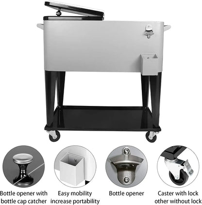 Rolling Cooler Cart, Ice Chest, 80 QT Portable Cold Drink Beverage Cart for Backyard Patio