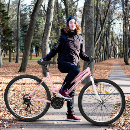 Women's 24 or 26 Inch Mountain Bike, 21 Speed Cycling Bike, V-Brake, High Carbon Steel Frame
