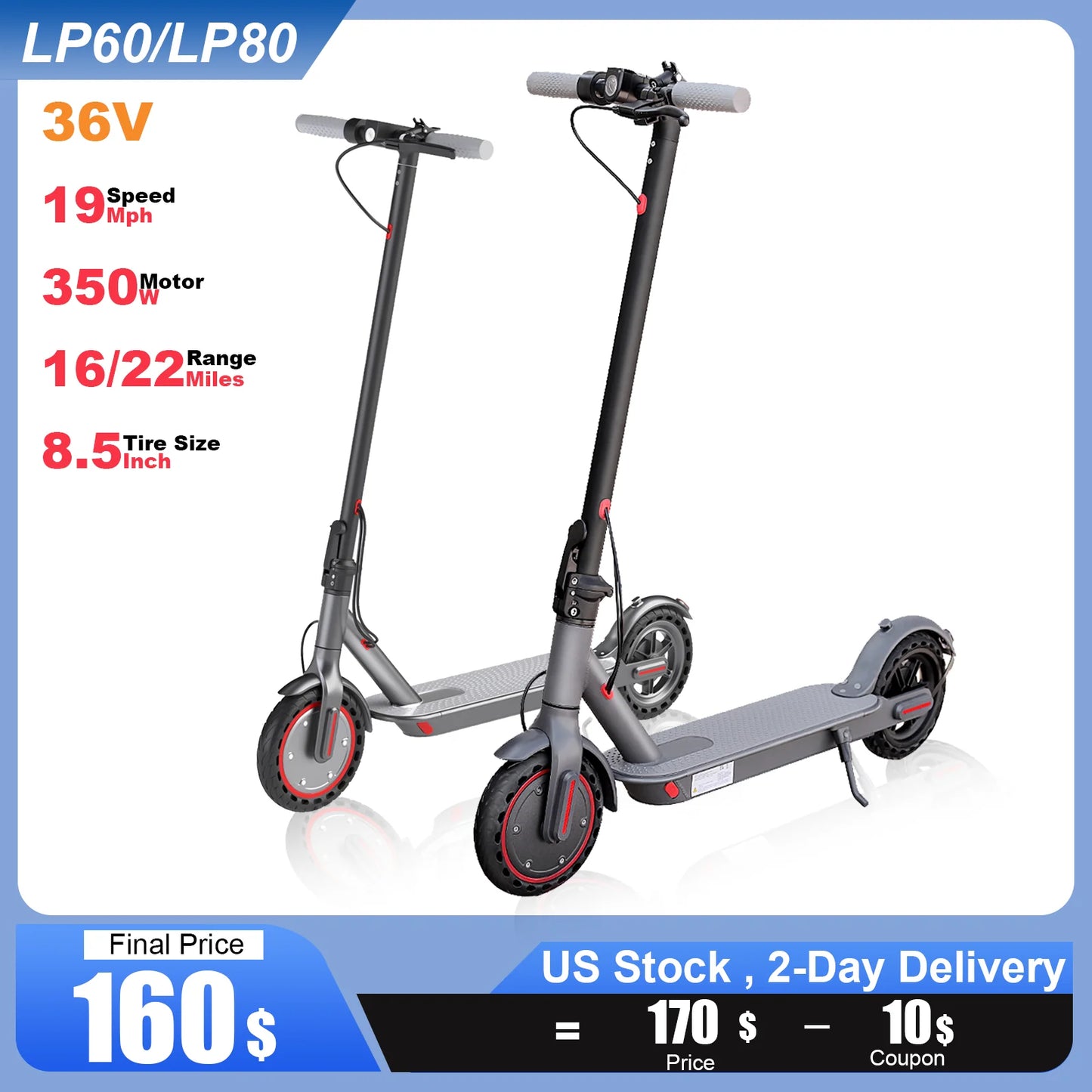 Electric Scooter, 36V 10.4Ah, Big Battery 350W, 15Miles Range, 19Mph Foldable, 8.5Inch EScooter