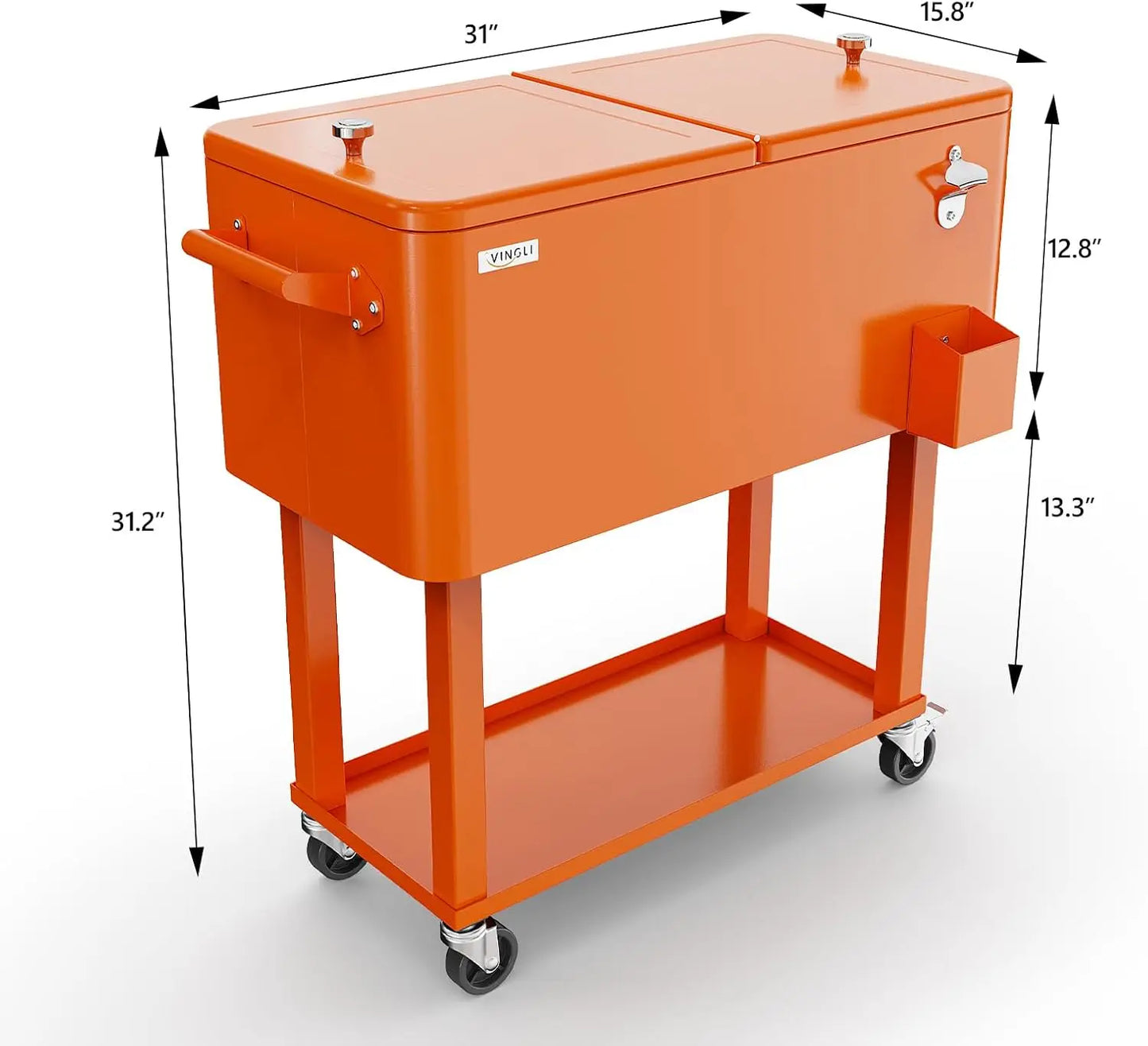 Rolling Ice Chest, 80 Quart, Patio Bar Drink Cooler Cart, w/ Shelf & Bottle Opener
