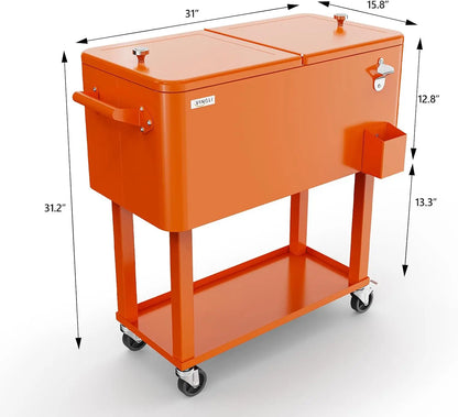 Rolling Ice Chest, 80 Quart, Patio Bar Drink Cooler Cart, w/ Shelf & Bottle Opener