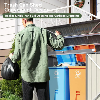 Metal Outdoor Storage Shed 80 cu.ft  with Chain Lid, Waterproof  for 2-bin Garbage Can Organizer