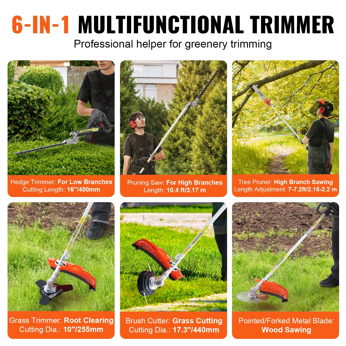 Multi-Functional Trimming Tools, Gas Hedge String Trimmer, Pole Saw, Chainsaw, Pruner w/ Extension Pole
