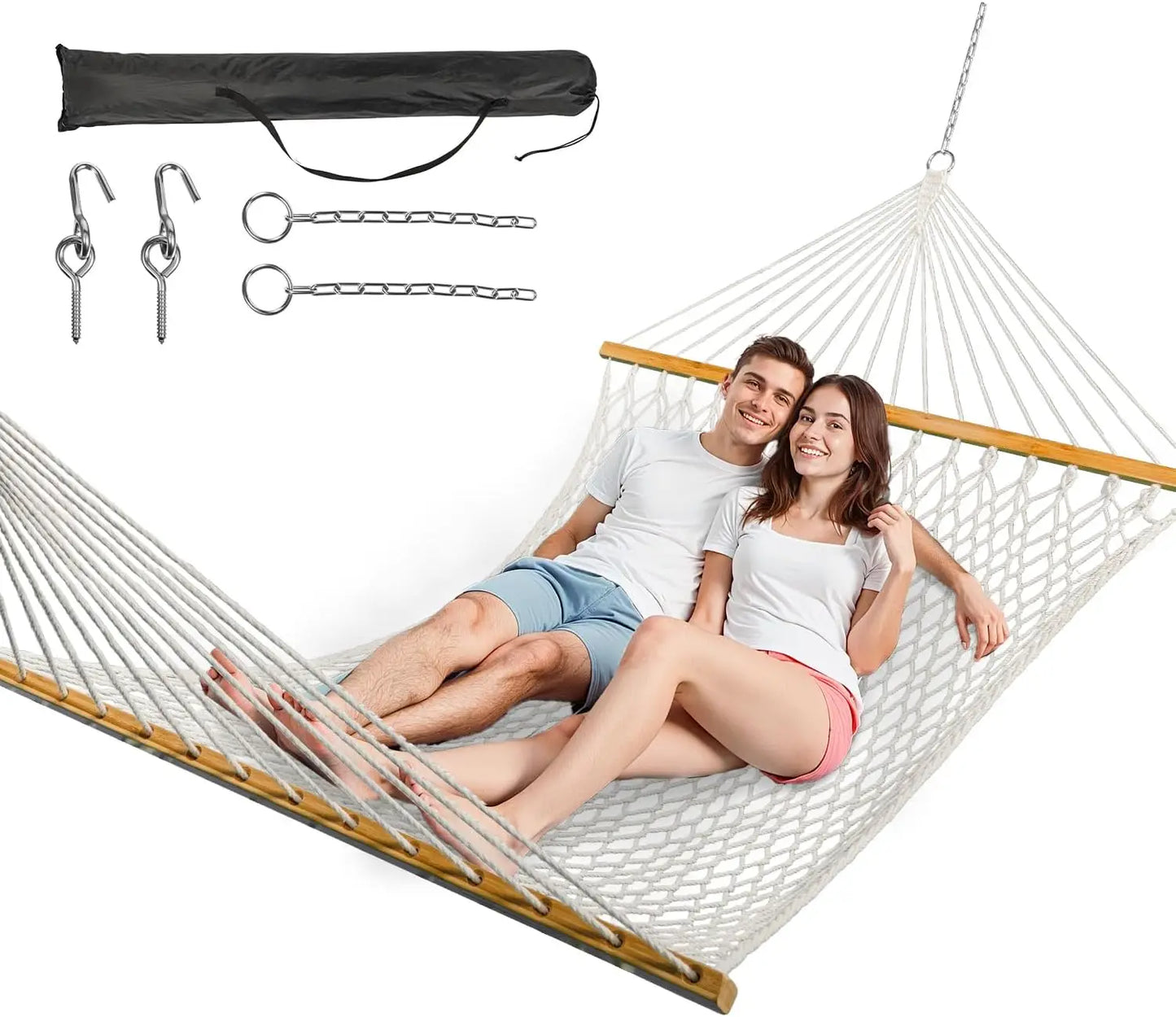 Double Hammock for Two, Handwoven Rope w/ Spreader Bar - Indoor Outdoor