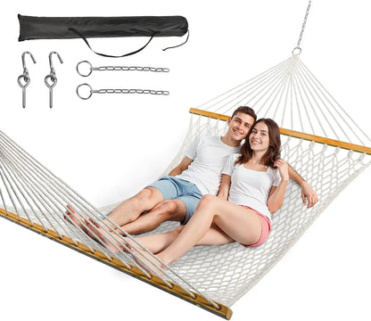 Double Hammock for Two, Handwoven Rope w/ Spreader Bar - Indoor Outdoor