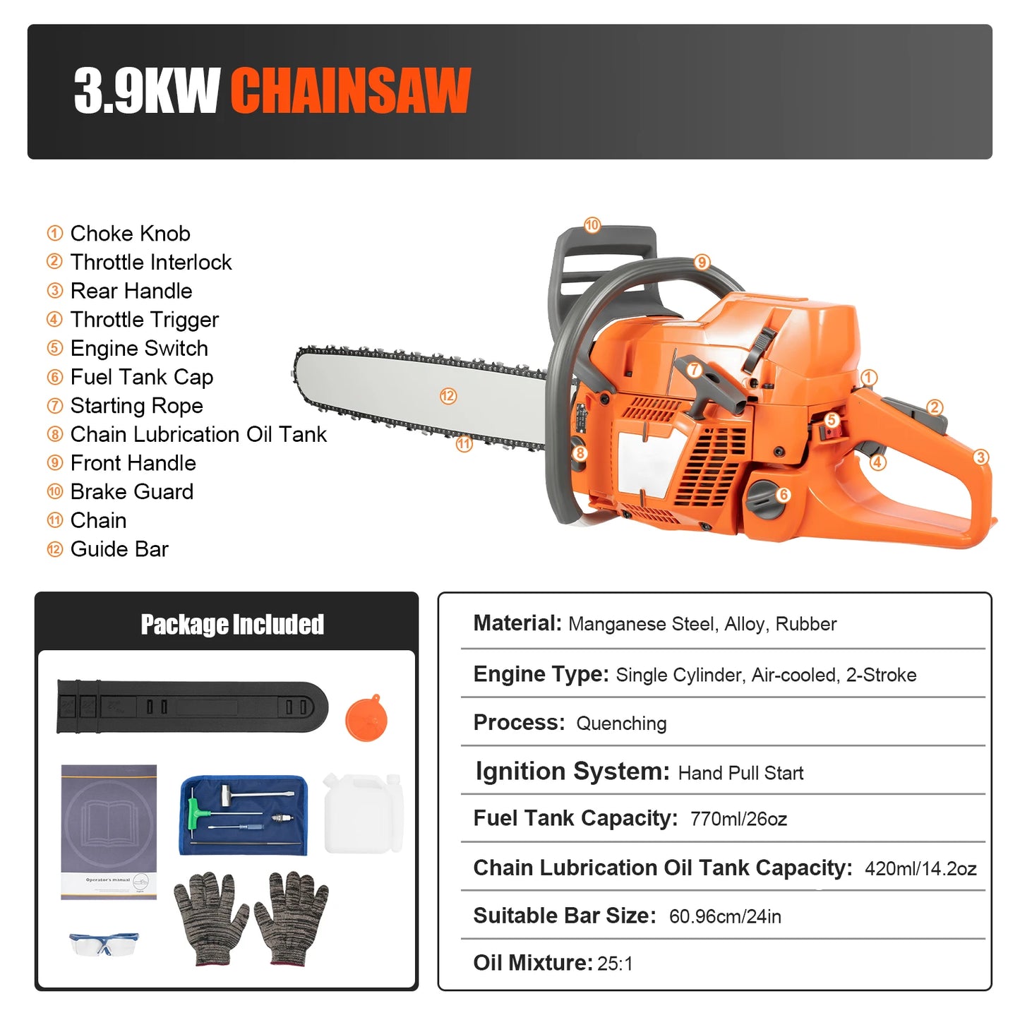 Gas Chainsaw 72CC 3900W, 2-Stroke, 24-Inch 2800rpm, Handheld Orange Chain Saw