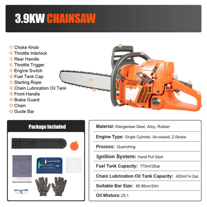Gas Chainsaw 72CC 3900W, 2-Stroke, 24-Inch 2800rpm, Handheld Orange Chain Saw