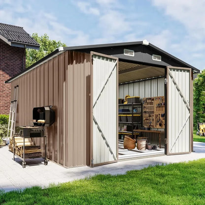 Outdoor Storage Shed 10x12 with Floor Foundation & Lockable Double Doors, Galvanized Steel Shed