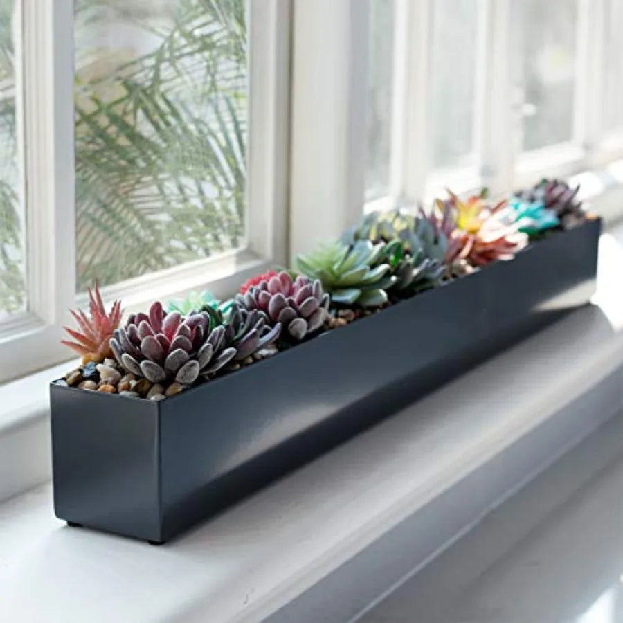 Modern Grey 32" Rectangle Planter Box, Narrow Metal Rectangular Box for Table or Window Sill
