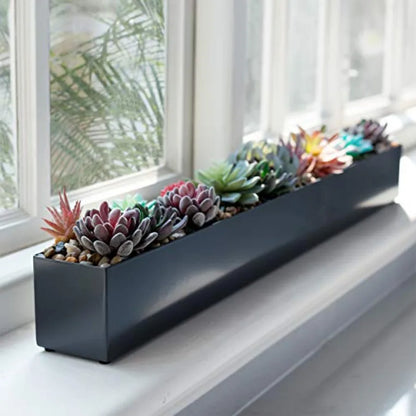 Modern Grey 32" Rectangle Planter Box, Narrow Metal Rectangular Box for Table or Window Sill
