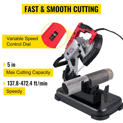 Portable Band Saw, 5 Inch Cutting Capacity, Cordless Variable Speed, 10Amp Motor, Deep Cut for Metal, Wood, Pipes, Rebar