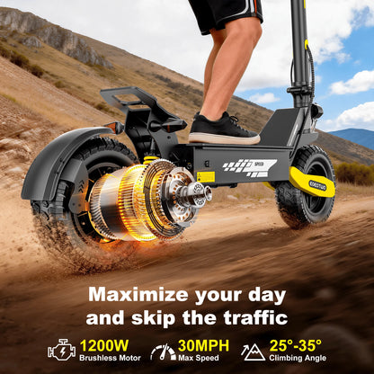 Off Road 1200W Electric Scooter for Adults, 48V Long Range E-Scooter, 30MPH Fast Speed, 11" Tubeless Tire, Foldable, Kick Stand