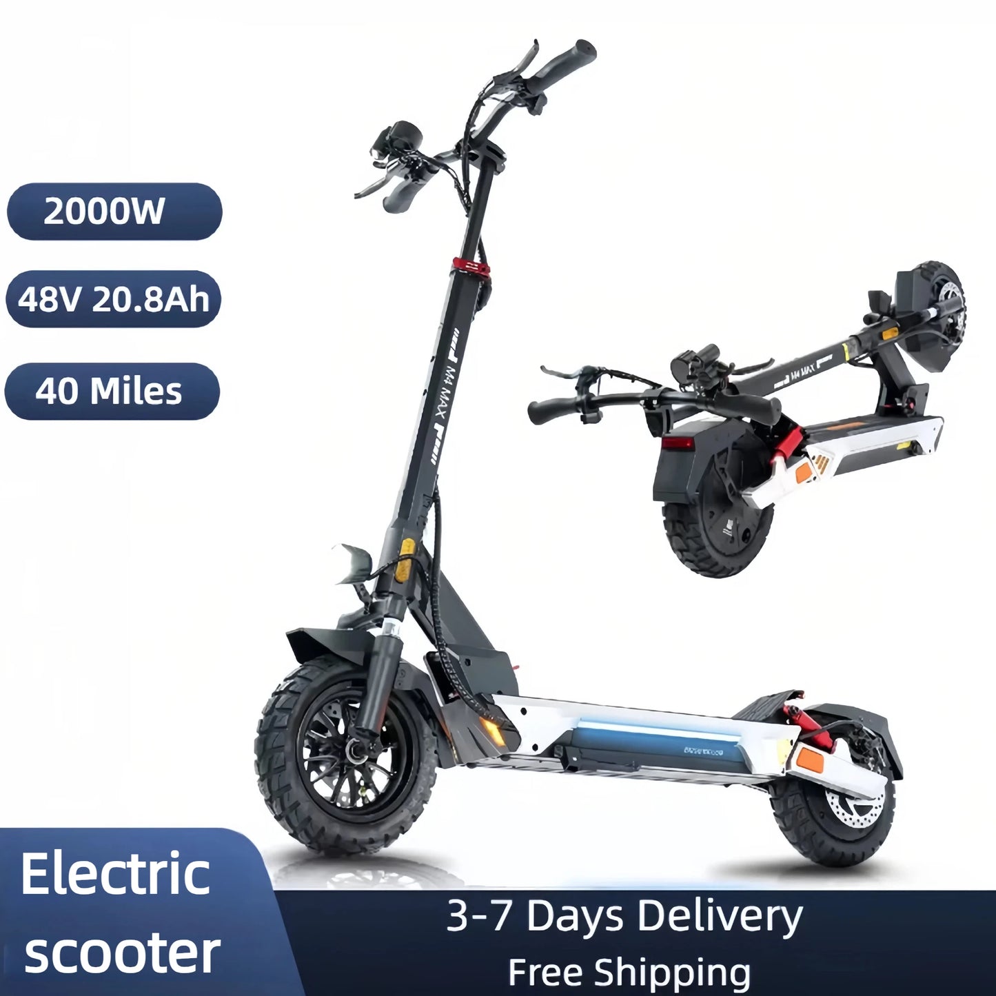 Electric Scooter for Adults, 2000W Motor, 48V 20.8Ah Battery, 40 Miles Range, Dual Disc Brakes, 10" Tires, Foldable