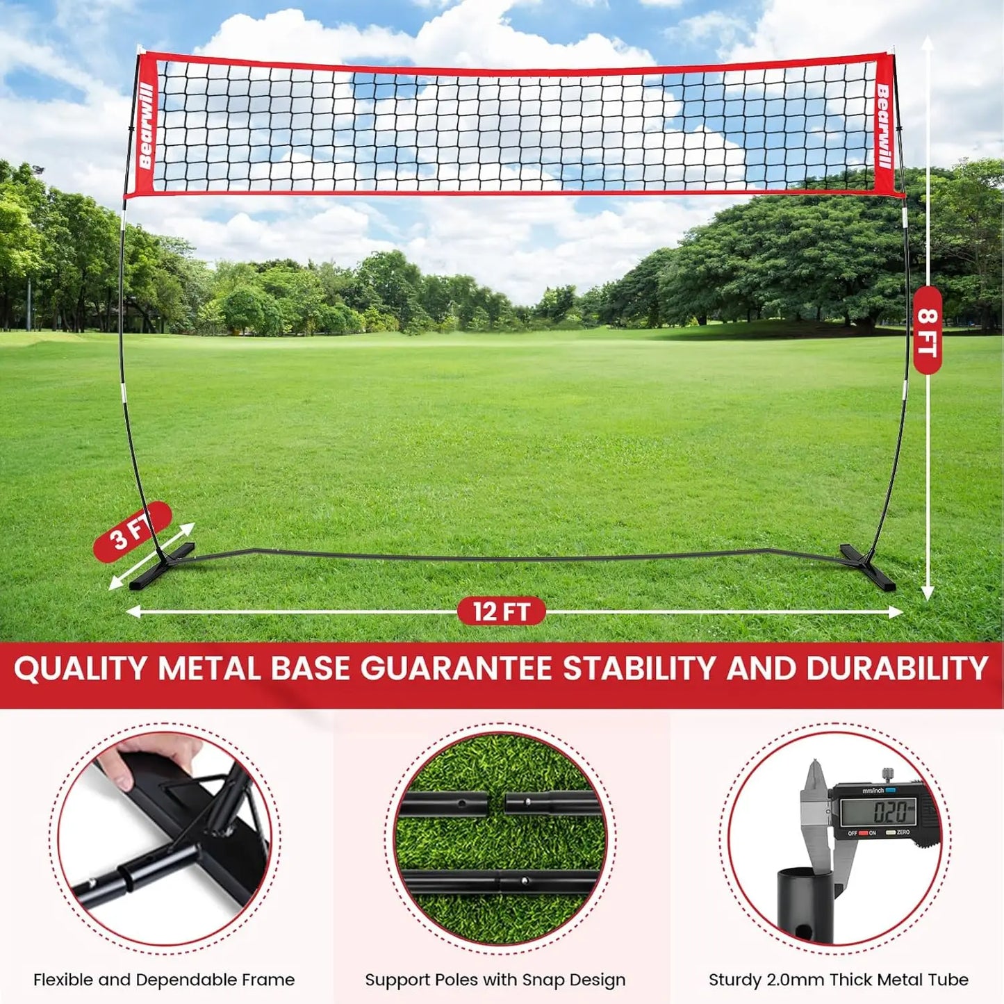 Volleyball Net, 12FT Portable, Adjustable Height with Carry Bag