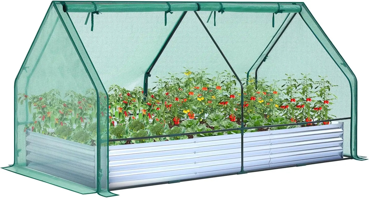 Galvanized Raised 8x4ft Garden Bed w/ Greenhouse Cover, 4 Doors Ventilation, 3-in-1 Planter Box, for Vegetables Flowers, Herbs
