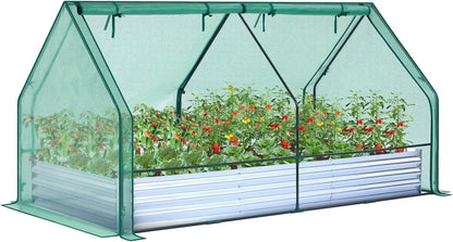 Galvanized Raised 8x4ft Garden Bed w/ Greenhouse Cover, 4 Doors Ventilation, 3-in-1 Planter Box, for Vegetables Flowers, Herbs