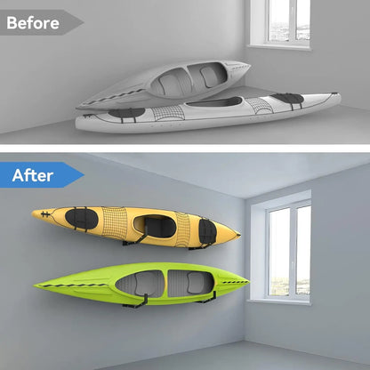 Wall Mount Kayak Storage Rack w/ Hooks for Garage, Holds Kayaks, Surfboards, Skis, Snowboards, and Paddle Boards