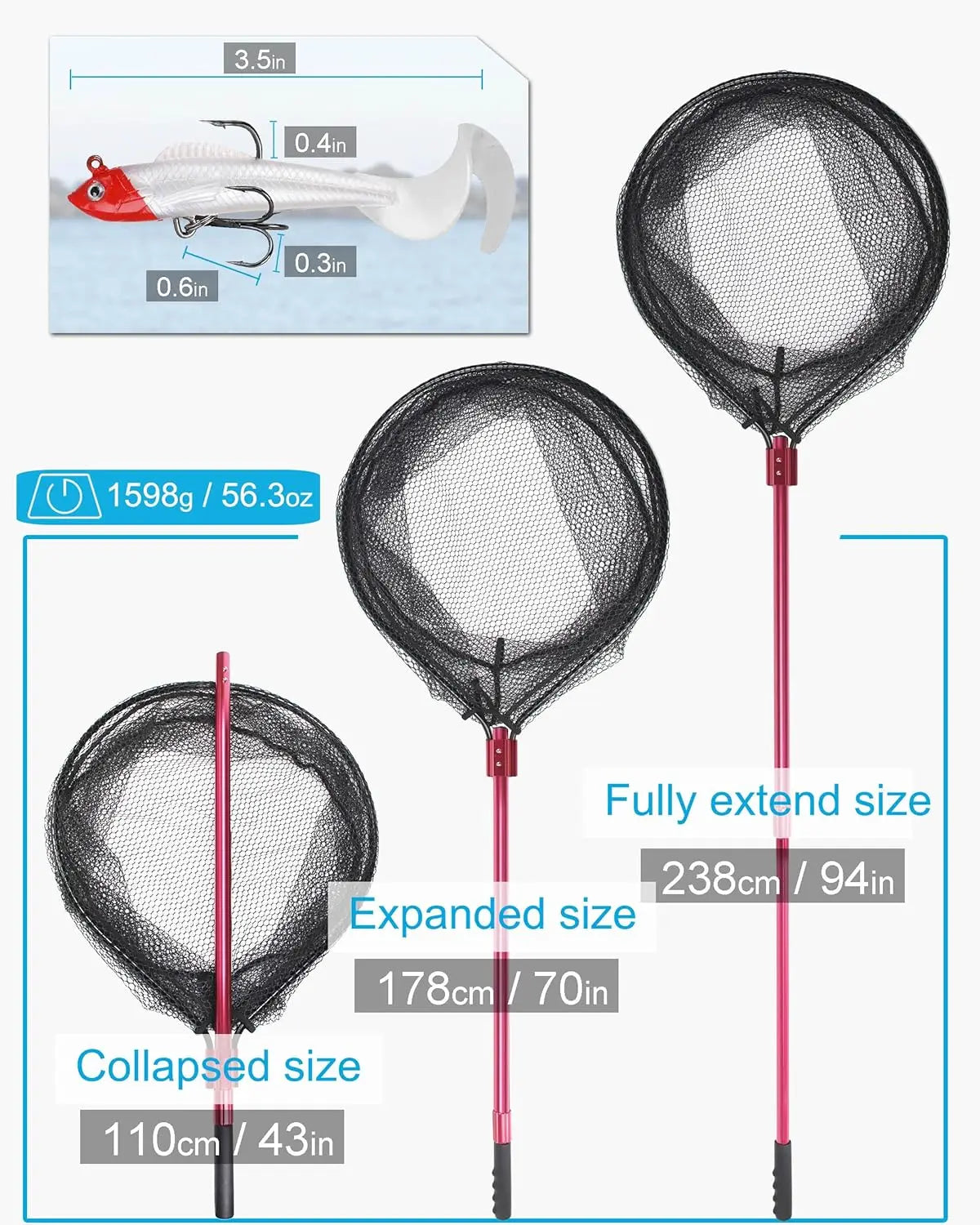 Large Rubber Fishing Net, Telescoping Handle, Extends to 94in, for Fresh or Saltwater