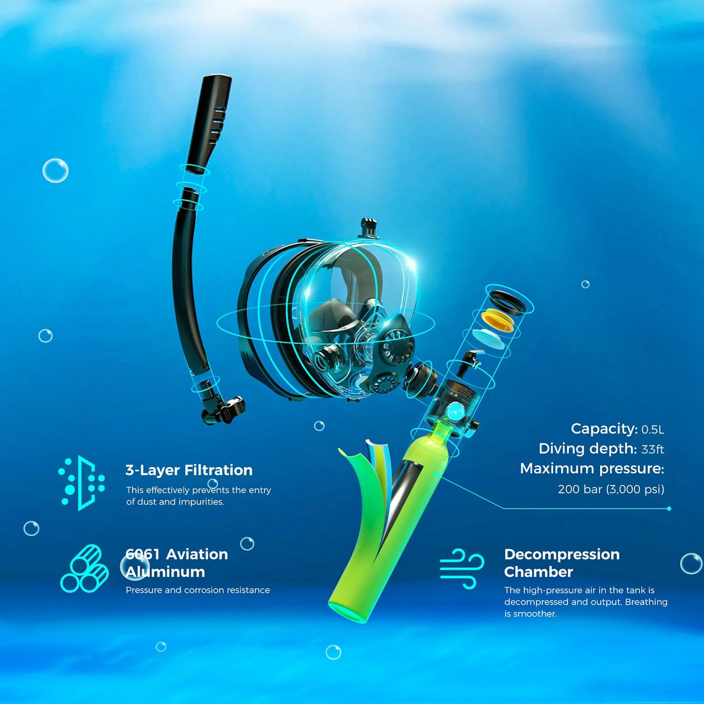 Mini Scuba Tank w/ Snorkel Mask, 0.5L Portable Small Diving Tank, Full Face Diving Mask,