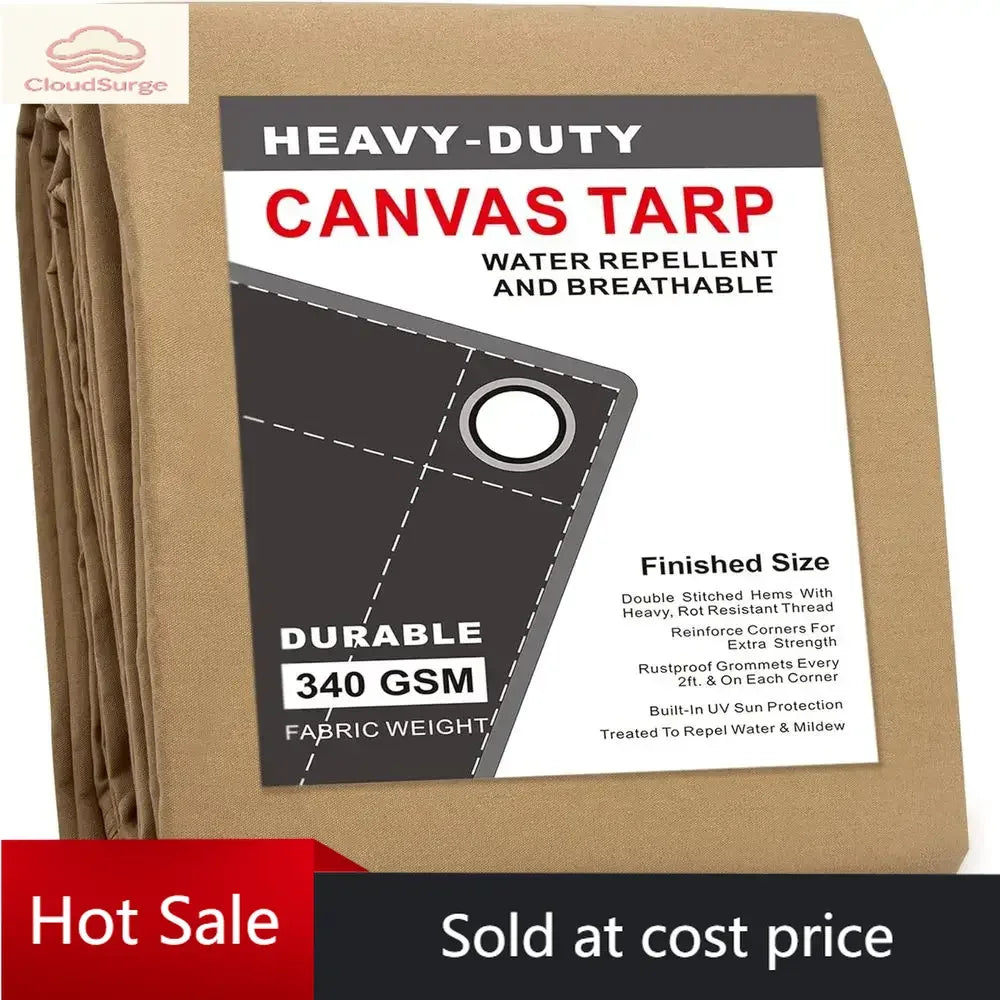 Heavy-Duty 12x24 ft Tan Canvas Tarp with Grommets, Multipurpose Cover Camping Gear