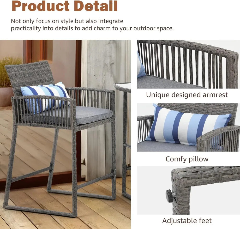 Outdoor Wicker Bar Stool Set w/ Glass Table, 2 Stools & Cushions, Grey Rattan, Steel Frame
