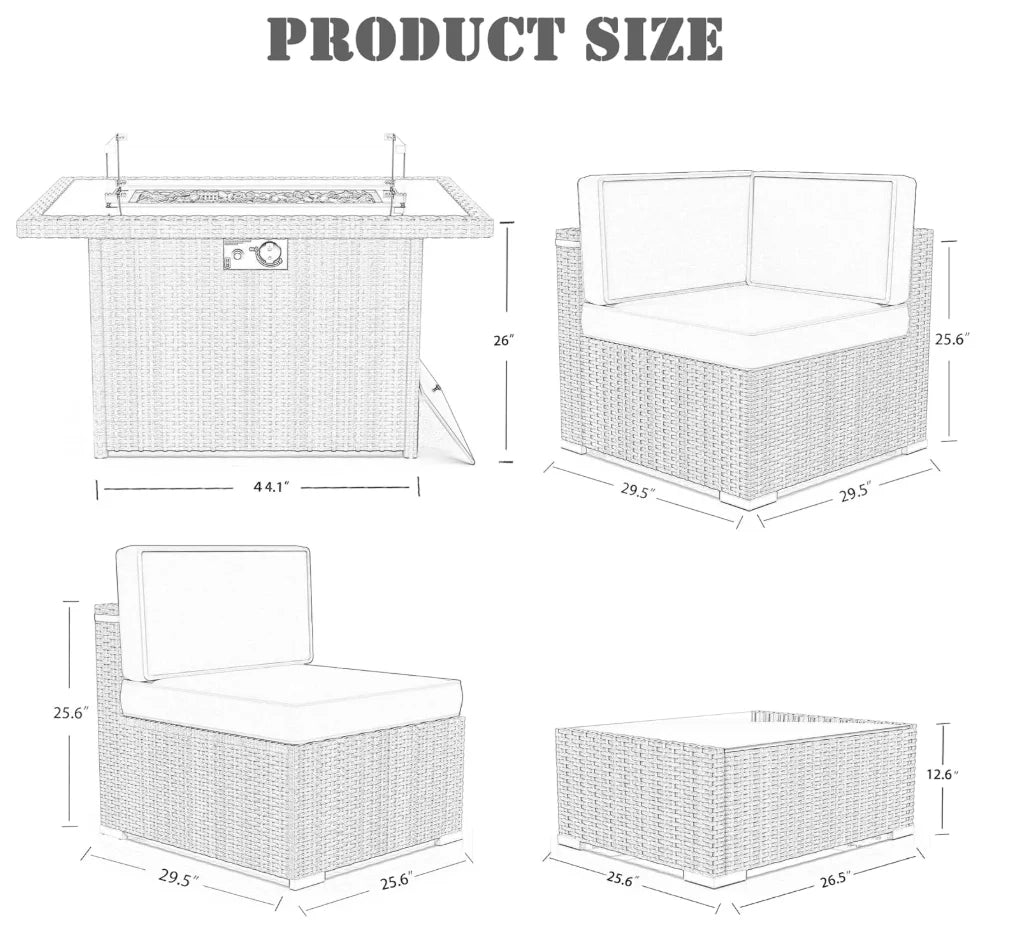 Patio Furniture 8 Pcs Set w/ Propane Gas Fire Pit Table, Sectional Wicker Sofa w/ Table