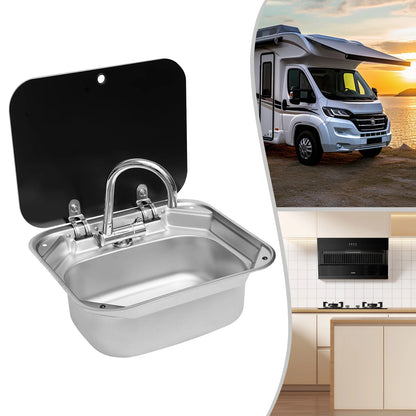 RV Sink w/ Lid, 41x36.5cm/16.14x14.37inch, Stainless Steel Sink w/ Hot Cold Water Faucet, Foldable