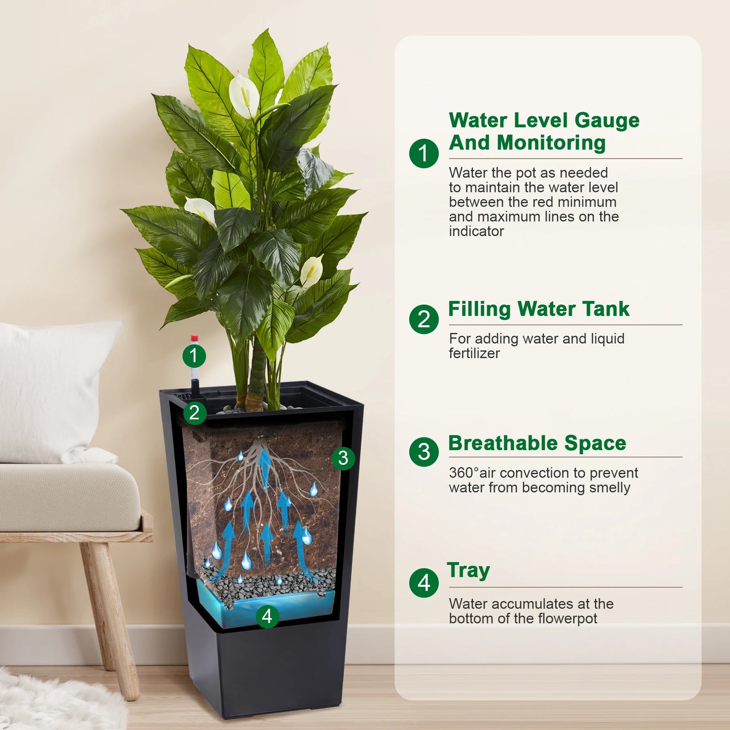 Planters for Outdoor or Indoor, 2 pcs Pots, 22" or 16" High Porch Planter Pots w/ Drainage Holes Auto Watering