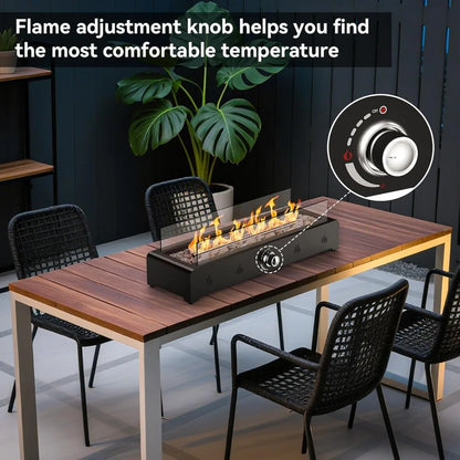 Tabletop Fire Pit 28" Propane Gas, Bottom Mounted for Table with Umbrella Hole, Glass Wind Guard