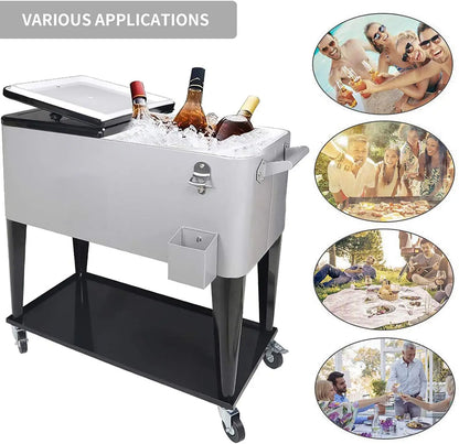 Rolling Cooler Cart, Ice Chest, 80 QT Portable Cold Drink Beverage Cart for Backyard Patio
