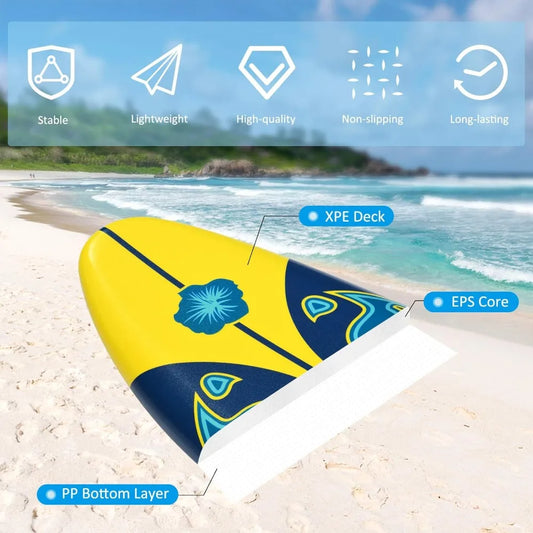 Surfboard, 6' Body Board w/ Removable Fins & Protective Leash, Non-Slip Surf Board