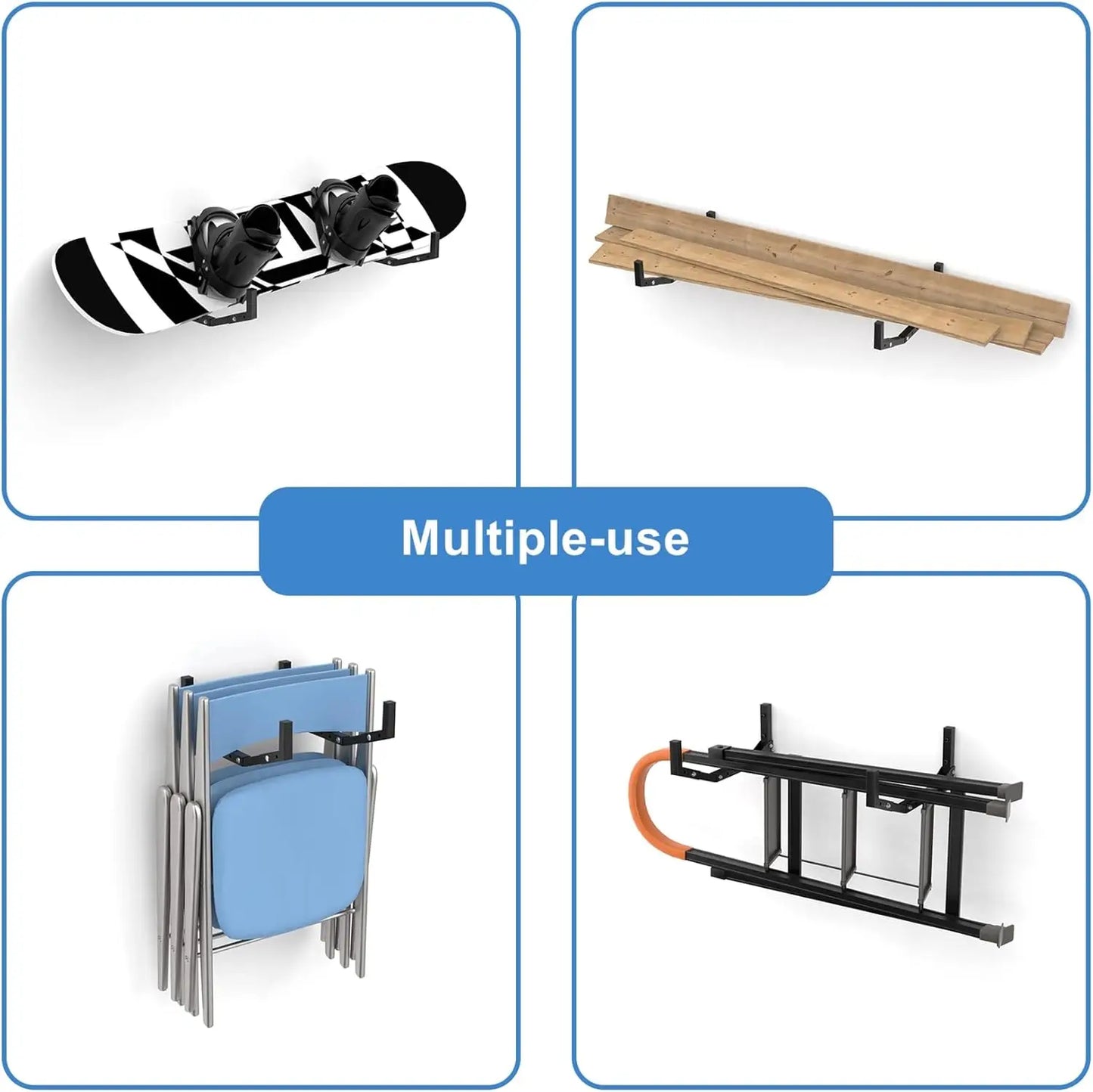 Wall Mount Kayak Storage Rack w/ Hooks for Garage, Holds Kayaks, Surfboards, Skis, Snowboards, and Paddle Boards